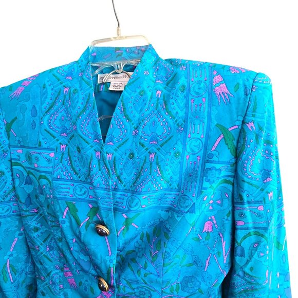Anne Crimmins Turquoise Floral Silk Blazer & Skirt Set Size 4 Womens HS164 - Picture 2 of 12